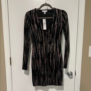 Topshop Elegant Black and Gold Striped Glitter Dress